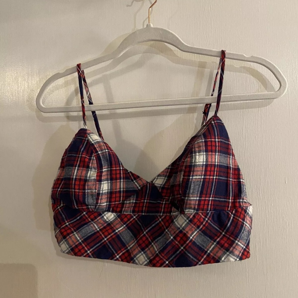 Casting LA Size L Red White Blue Plaid Zip Up  Crop Bralette Padded